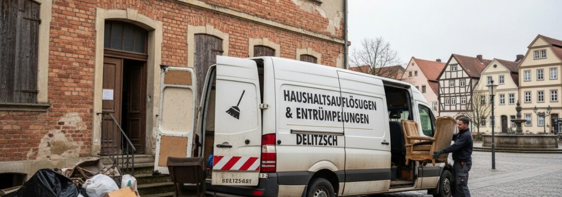 Ein Arbeiter lädt bei einer Haushaltsauflösung in Delitzsch einen Sessel in einen weißen Transporter.