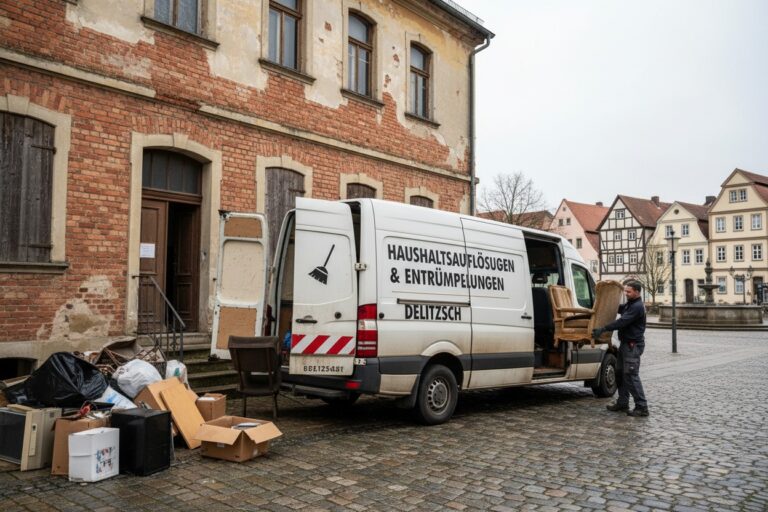 Ein Arbeiter lädt bei einer Haushaltsauflösung in Delitzsch einen Sessel in einen weißen Transporter.