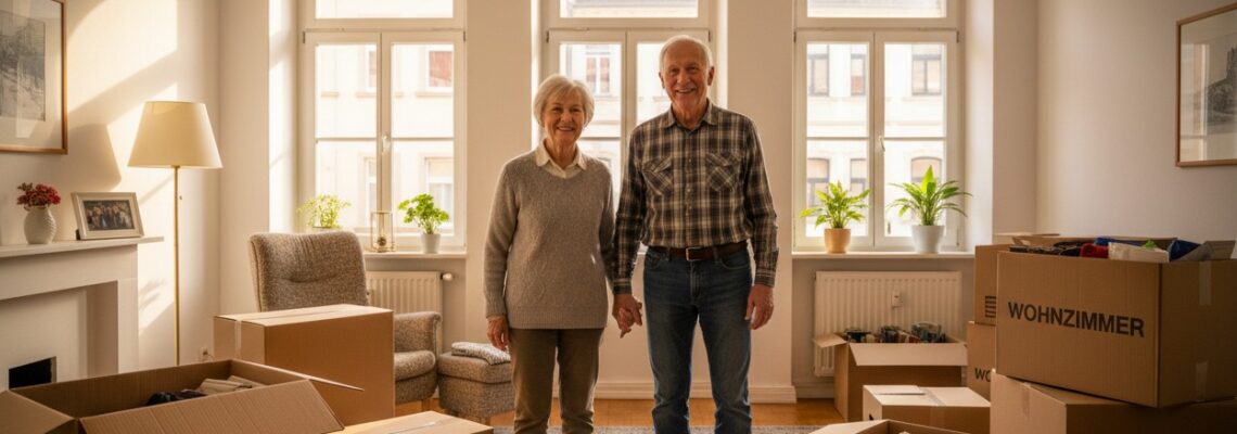 Ein älteres Paar steht Händchen haltend in ihrem neuen Wohnzimmer, umgeben von Umzugskartons.
