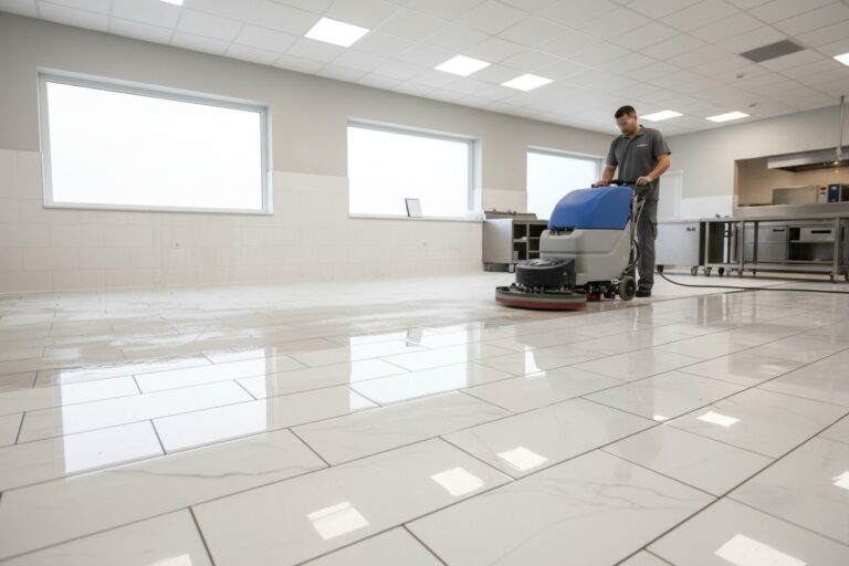 Ein Reinigungskraft reinigt mit einer großen Scheuersaugmaschine den hellen, gefliesten Boden einer professionellen Großküche.