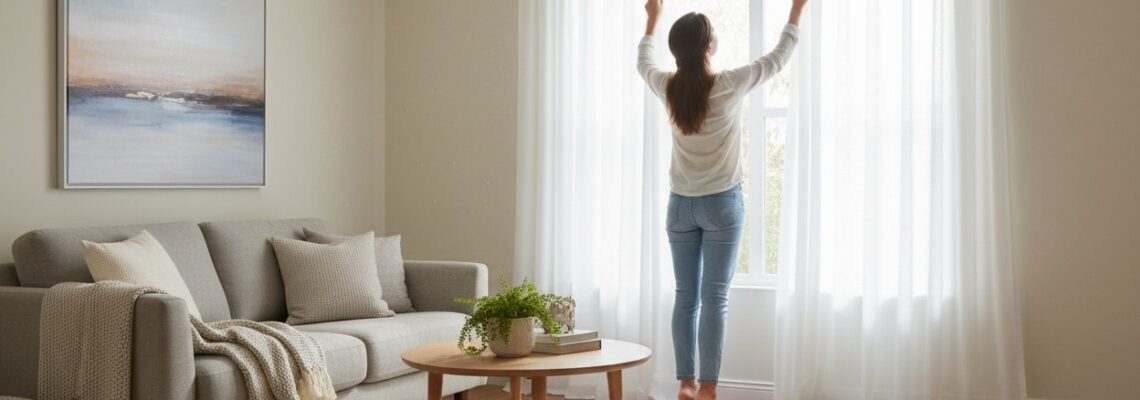 Eine junge Frau zieht in einem hellen Wohnzimmer die weißen Vorhänge an einem großen Fenster auseinander.