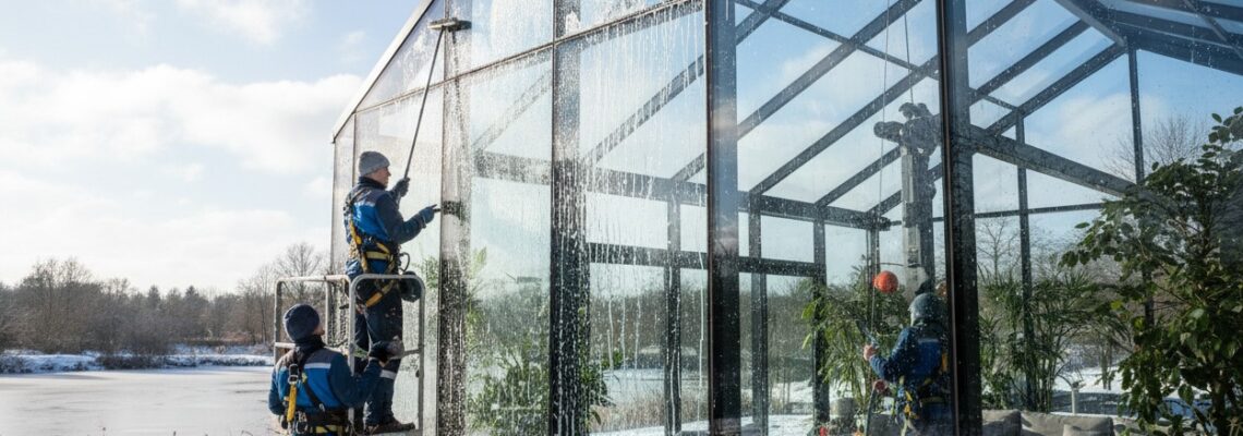 Zwei Fensterputzer reinigen die große Glasfassade eines Wintergartens mit Seifenwasser und Teleskopstangen.
