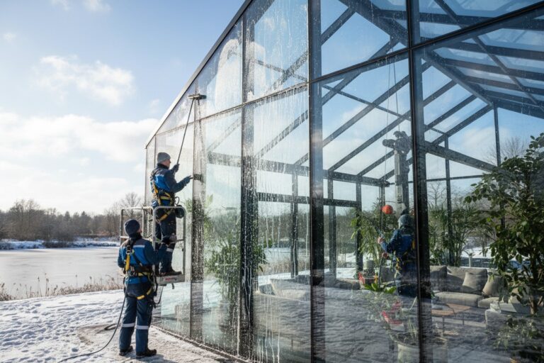 Zwei Fensterputzer reinigen die große Glasfassade eines Wintergartens mit Seifenwasser und Teleskopstangen.