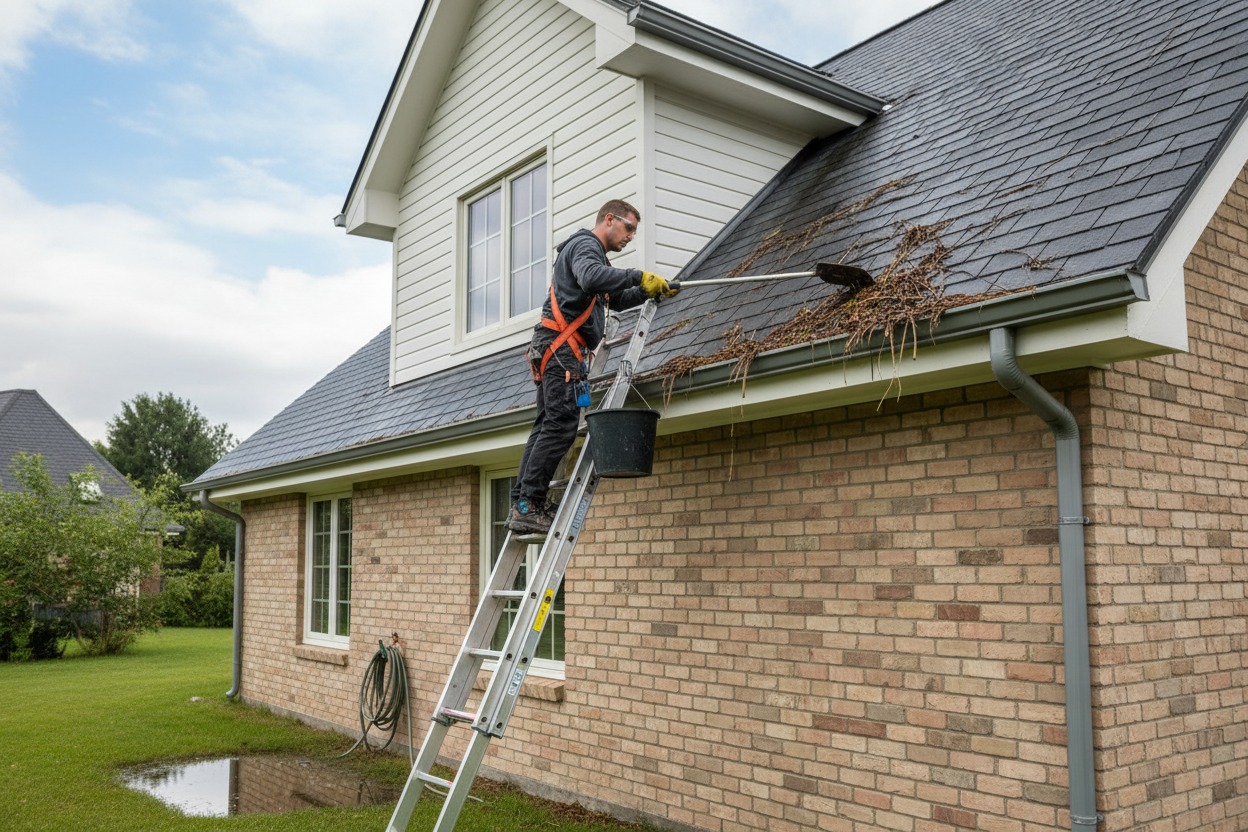 Ein Handwerker steht auf einer Leiter an einem zweistöckigen Haus und reinigt mit einer Schaufel das Dach und die Dachrinne von Laub.