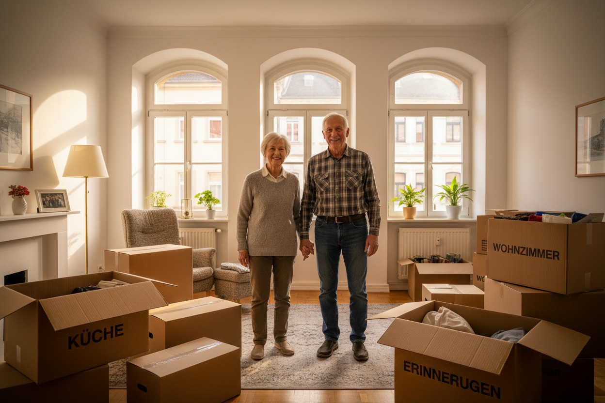 Ein älteres Paar steht Händchen haltend in ihrem neuen Wohnzimmer, umgeben von Umzugskartons.